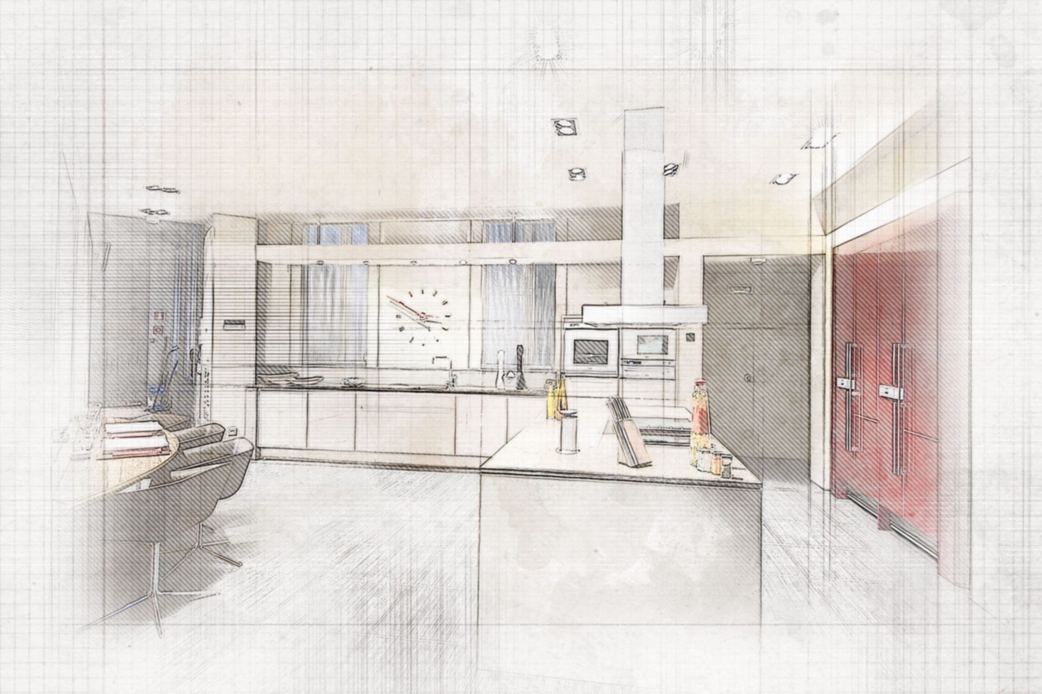 Boceto de un diseño de cocina moderna y funcional en Barcelona, con muebles personalizados, iluminación natural y materiales de alta calidad como mármol y cristal.