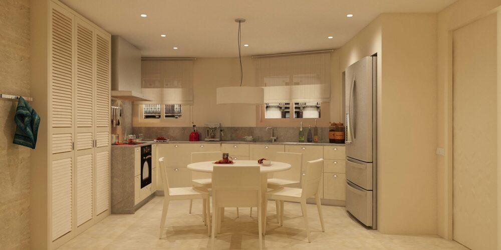 Cocina moderna en Barcelona que exhibe un diseño interior de alta gama con mármol y madera, abundante iluminación natural, mobiliario personalizado y electrodomésticos de acero inoxidable.