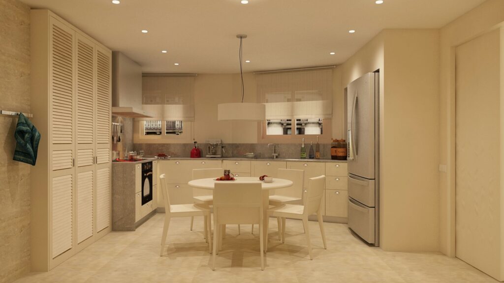 Cocina moderna en Barcelona que exhibe un diseño interior de alta gama con mármol y madera, abundante iluminación natural, mobiliario personalizado y electrodomésticos de acero inoxidable.