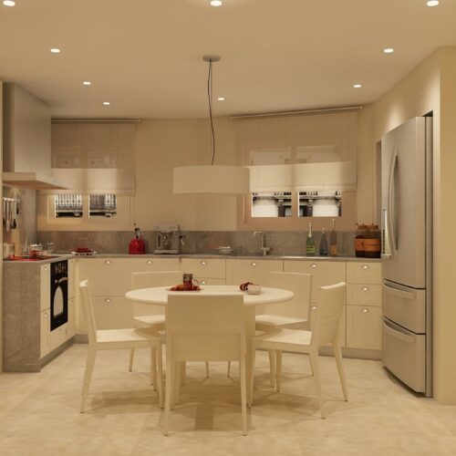 Cocina moderna en Barcelona que exhibe un diseño interior de alta gama con mármol y madera, abundante iluminación natural, mobiliario personalizado y electrodomésticos de acero inoxidable.