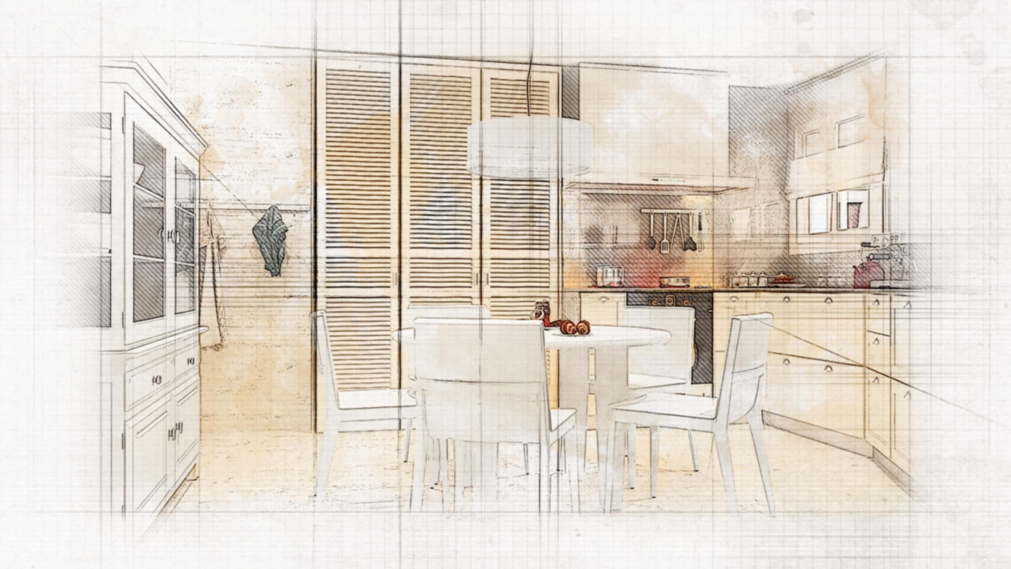 Sketch de un diseño interior de alta gama que muestra una cocina moderna en Barcelona, con una distribución espaciosa, materiales elegantes como madera y mármol, y abundante luz natural.