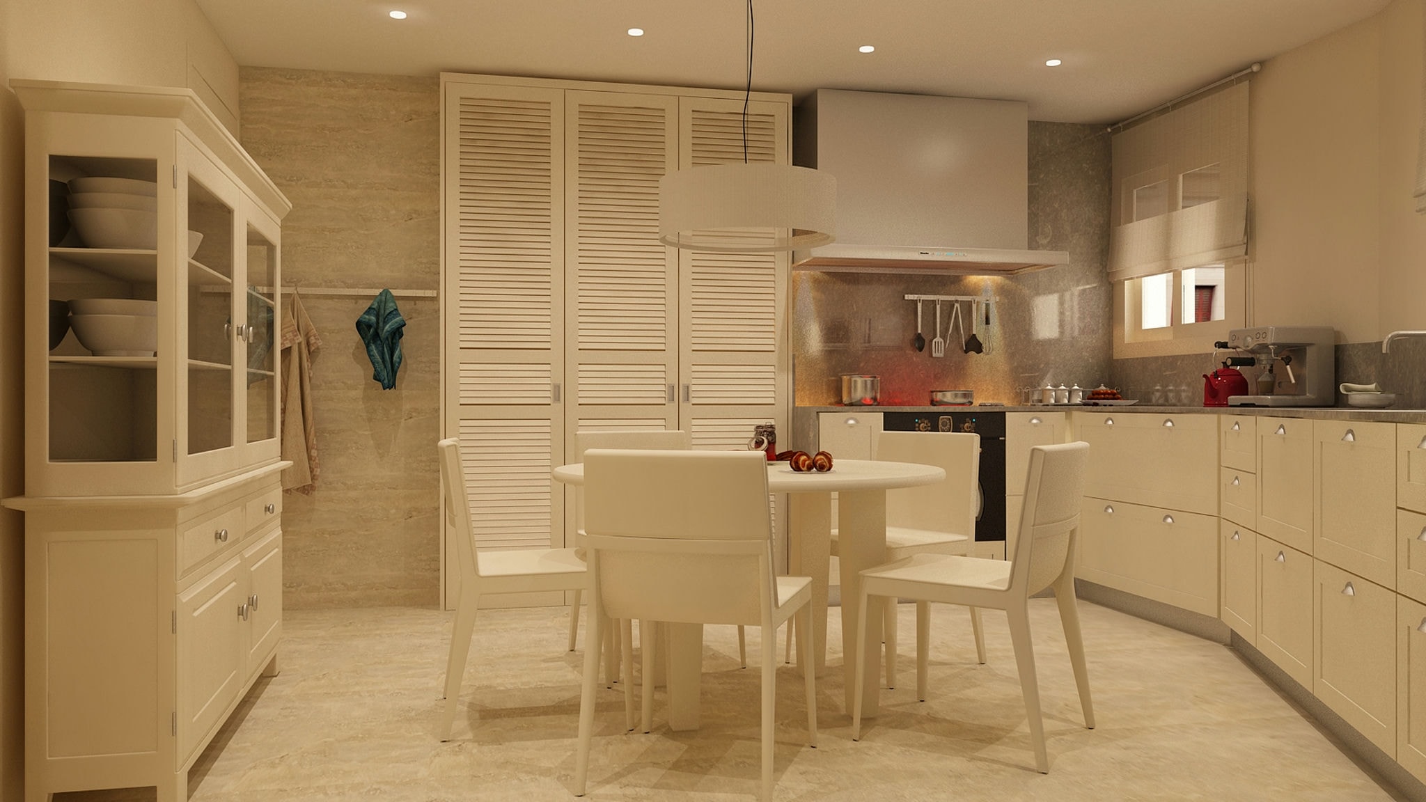 Interior de cocina moderna en Barcelona con mesa redonda y sillas elegantes, armarios blancos y una vitrina de vidrio, destacando el uso de materiales de alta calidad como mármol y elementos decorativos contemporáneos.