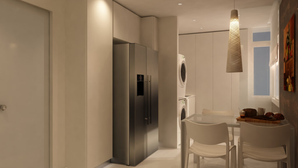 Cocina moderna y área de lavado en Barcelona con diseño contemporáneo Moderna cocina y área de lavado en Barcelona, combinando un refrigerador de acero inoxidable, una lavadora y muebles minimalistas en blanco, con mesa de comedor junto a ventana iluminada. Detalles arquitectónicos de madera y mármol reflejan funcionalidad y estética.