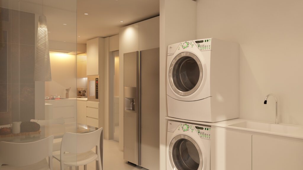 Moderna área de lavandería en un apartamento de alta gama en Barcelona Área de lavandería moderna en un elegante apartamento de Barcelona, con lavadoras apiladas, mobiliario minimalista y una encimera funcional, iluminada de manera natural.