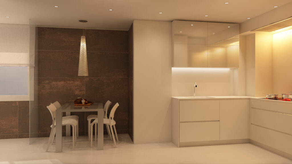 Diseño de interiores moderno de cocina y comedor en Barcelona Cocina y comedor luminoso y funcional en Barcelona, con muebles de alta calidad, mesa rectangular blanca y gabinetes de madera clara y mármol.
