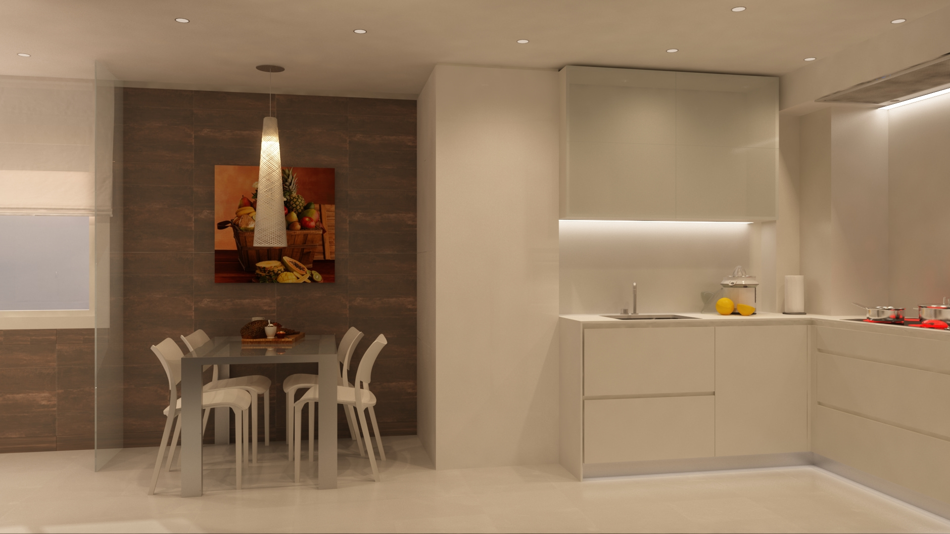 Cocina moderna de alta gama en Barcelona con muebles elegantes, mesa minimalista y sillas blancas, iluminada por modernas lámparas colgantes. La luz natural resalta los materiales de calidad como madera y mármol, complementada por una pintura aún vida que añade color al ambiente sofisticado.