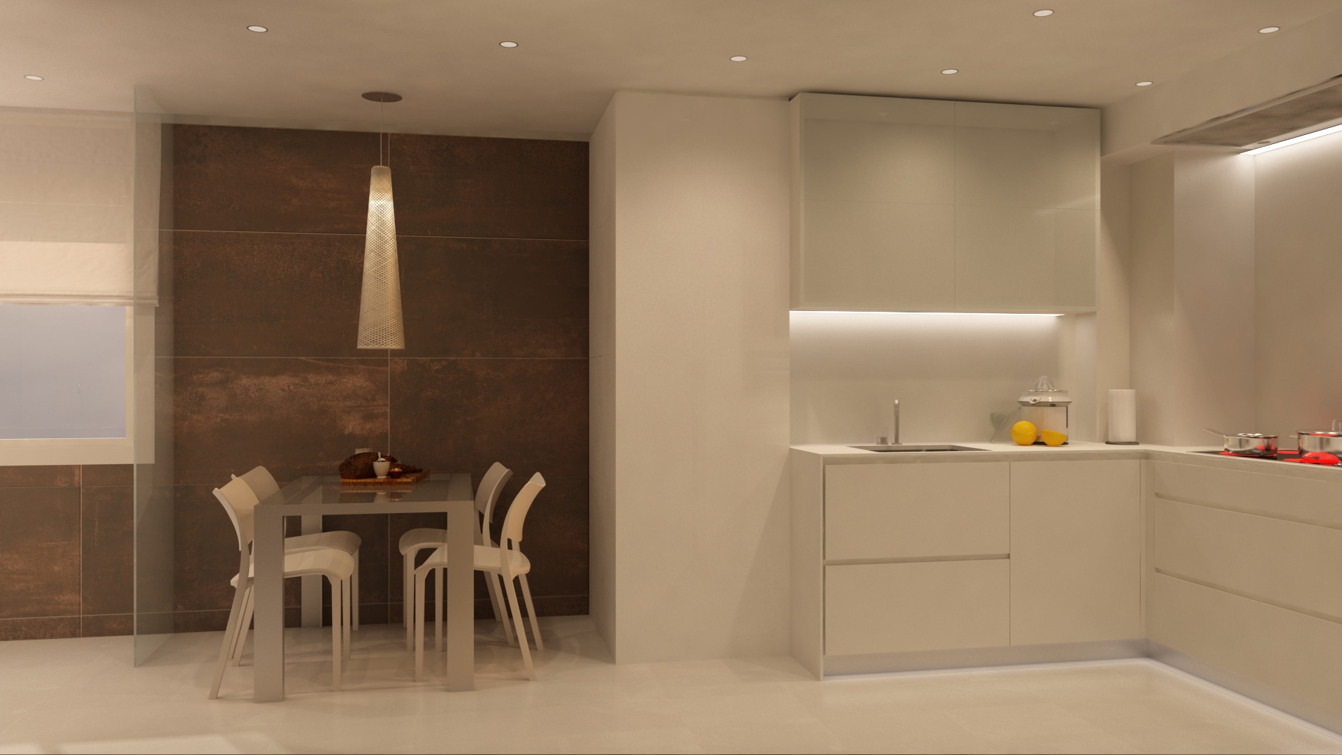 Moderna cocina de diseño interior en Barcelona con mesa de comedor blanca, sillas elegantes y lámpara colgante en un espacio luminoso. Armarios de líneas limpias en tonos claros y muros de fondo en marrón aportan un ambiente sofisticado con alta calidad en materiales.