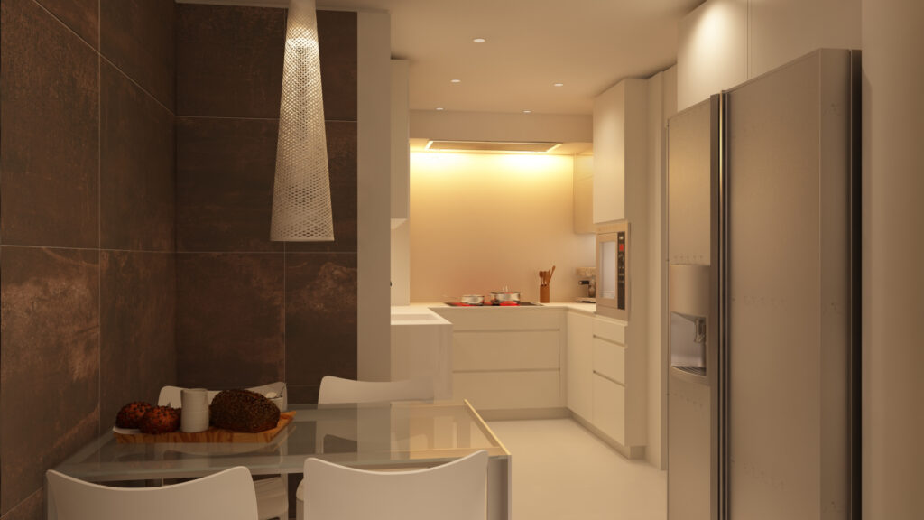 Cocina moderna y estilizada en Barcelona con diseño de alta gama Cocina contemporánea en Barcelona con gabinetes blancos, encimera de mármol claro, electrodomésticos de acero inoxidable y luz natural. Incluye una mesa de comedor minimalista para cuatro personas.