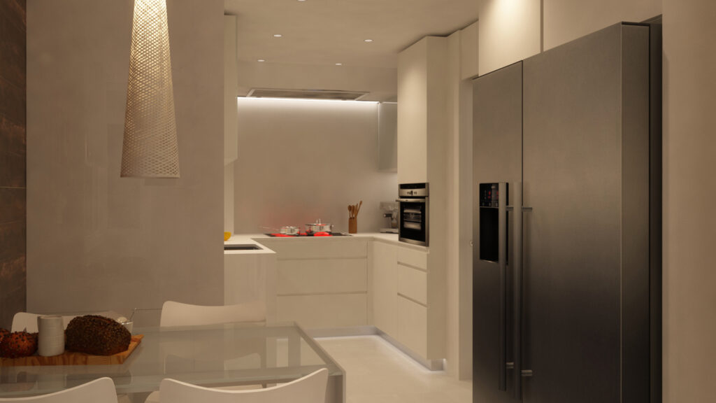 Diseño de cocina moderna de alta gama en Barcelona Cocina de diseño interior moderno en Barcelona, con mobiliario elegante de colores claros, electrodomésticos integrados y una mesa de comedor de vidrio en un ambiente iluminado naturalmente.