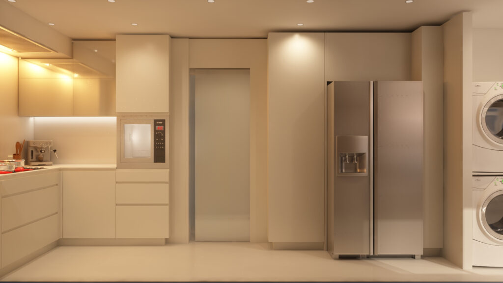 Cocina moderna de diseño interior en Barcelona con arquitectura de alta gama Diseño de cocina contemporánea en Barcelona con mobiliario minimalista en tonos blancos, electrodomésticos de acero inoxidable y iluminación LED cálida.