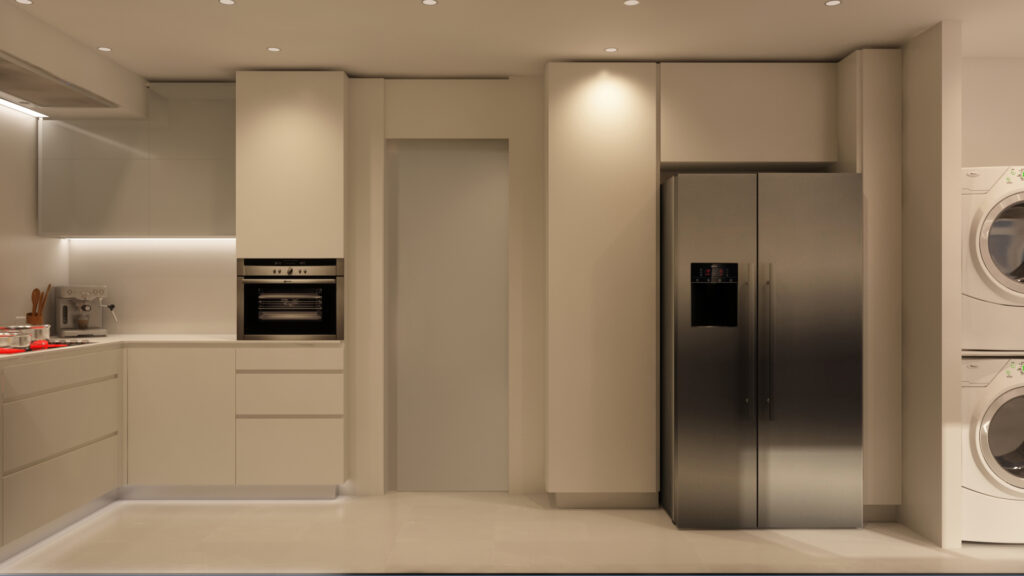 Cocina moderna de lujo en Barcelona con diseño arquitectónico de alta gama Cocina moderna en Barcelona, caracterizada por elementos de arquitectura de alta gama, con cabinetry blanca, refrigerador de acero inoxidable y electrodomésticos integrados, resaltando funcionalidad y estética.