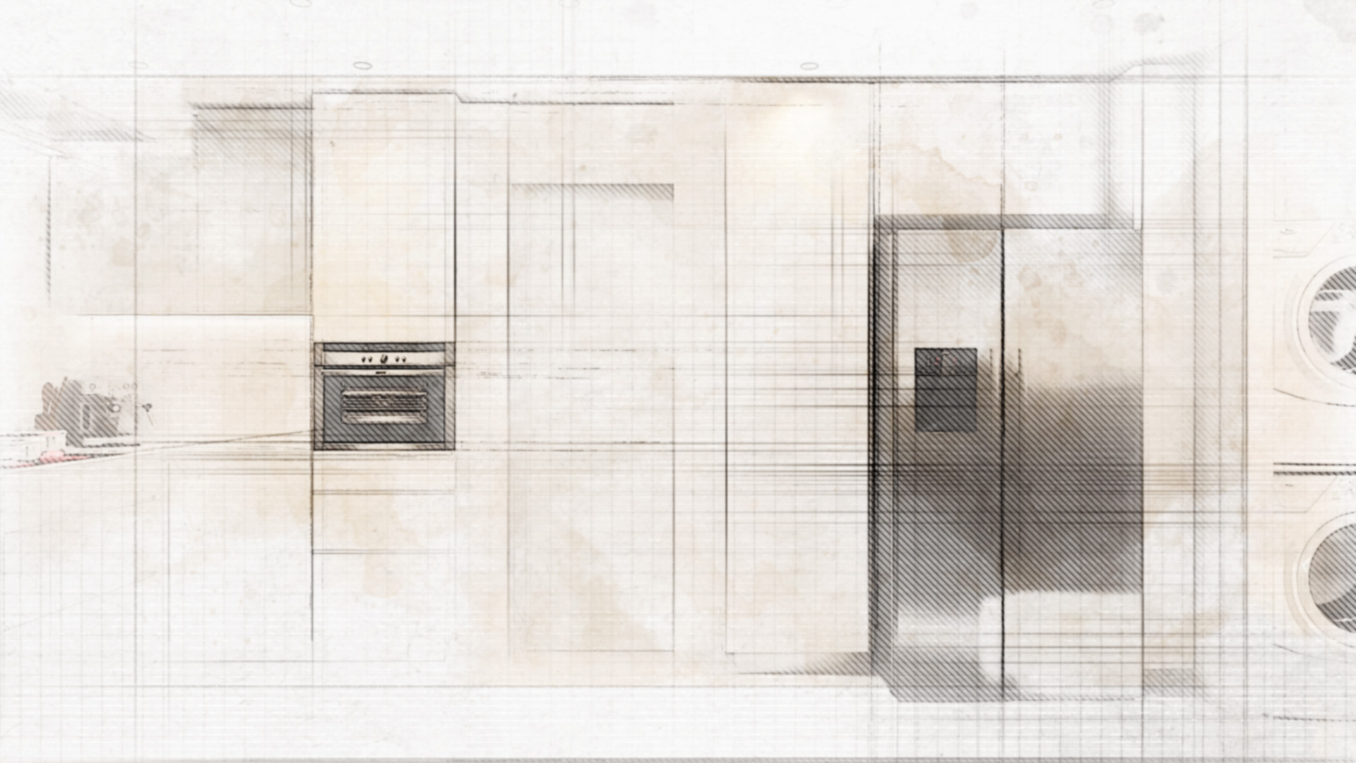 Boceto conceptual de un diseño de cocina contemporáneo en Barcelona, destacando elementos funcionales como un horno integrado, refrigerador y un diseño de mobiliario minimalista con materiales de alta calidad.