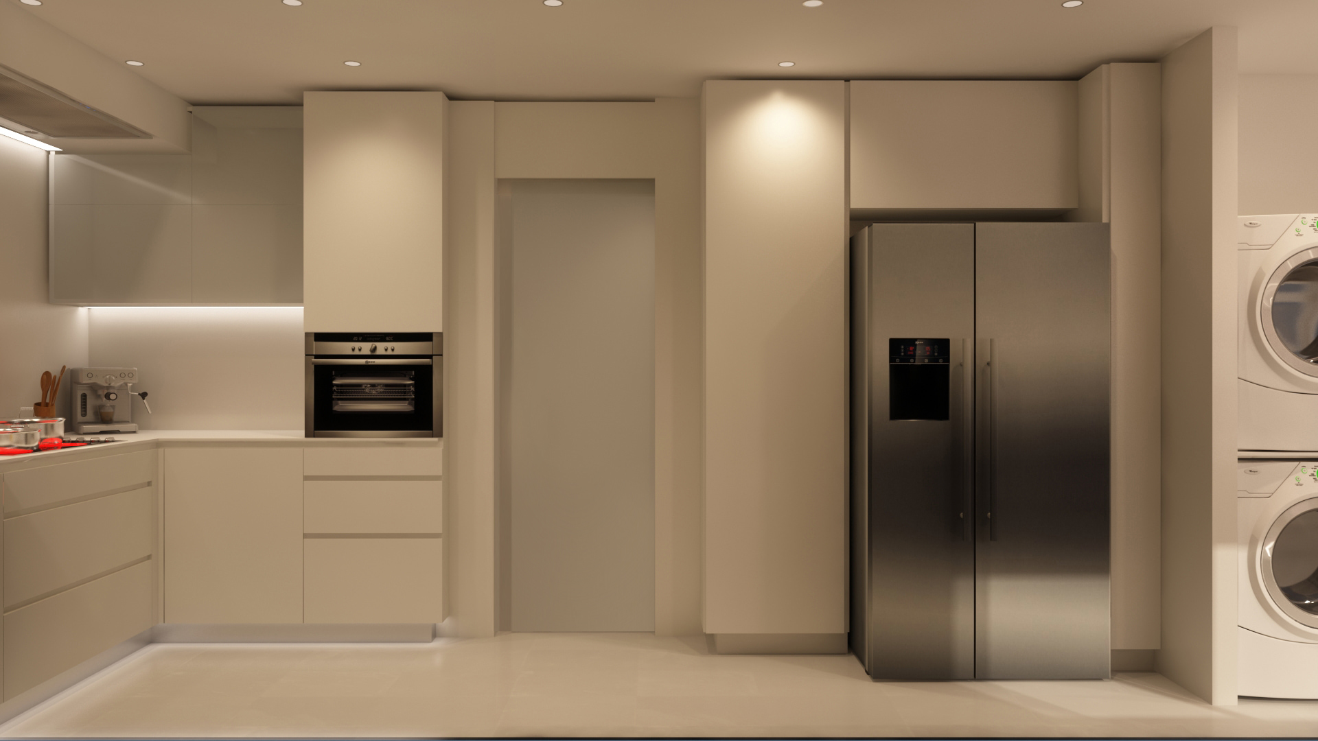 Cocina moderna en Barcelona, caracterizada por elementos de arquitectura de alta gama, con cabinetry blanca, refrigerador de acero inoxidable y electrodomésticos integrados, resaltando funcionalidad y estética.