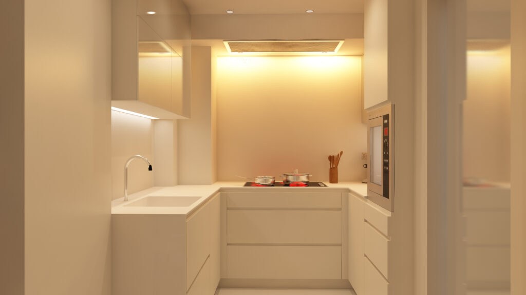 Cocina moderna en Barcelona con acabados de alta gama Diseño de cocina minimalista en Barcelona, con acabados de lujo, incluyendo gabinetes blancos, horno empotrado y superficie de cocina. La iluminación natural resalta los tonos cálidos y los materiales premium como mármol y madera.