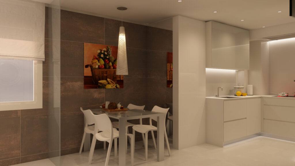 Cocina moderna y área de comedor en Barcelona con materiales de alta calidad Interior de una cocina contemporánea en Barcelona, destacando gabinete blanco, encimeras de mármol y una mesa de comedor con sillas blancas, bajo luz natural y una pintura vibrante de frutas.