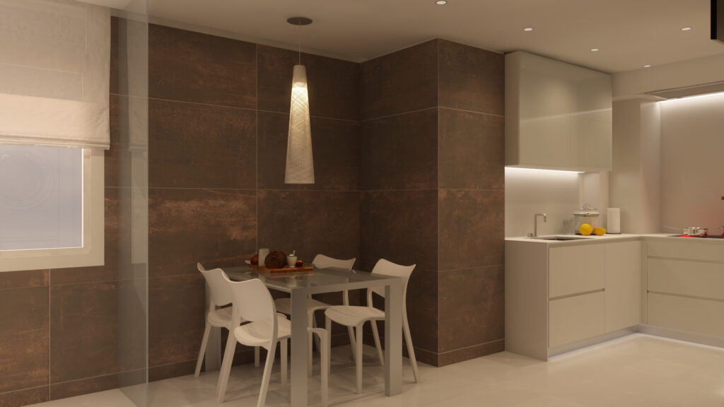 Cocina y Comedor Moderno en Barcelona con Diseño Contemporáneo Interior de una cocina y comedor moderno en Barcelona, mostrando un diseño contemporáneo con elementos arquitectónicos de alta gama, mobiliario blanco, y un ambiente acogedor iluminado por luz natural.