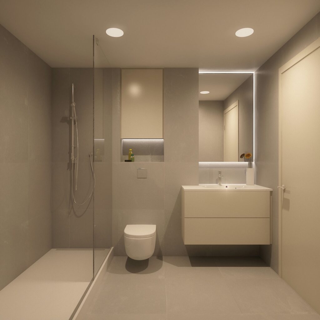 Baño de lujo moderno en Barcelona con diseño contemporáneo Diseño de interiores de un baño de alta gama en Barcelona, con una distribución elegante en tonos grises, ducha espaciosa con partición de vidrio, inodoro minimalista y vanidad estilosa con iluminación integrada.