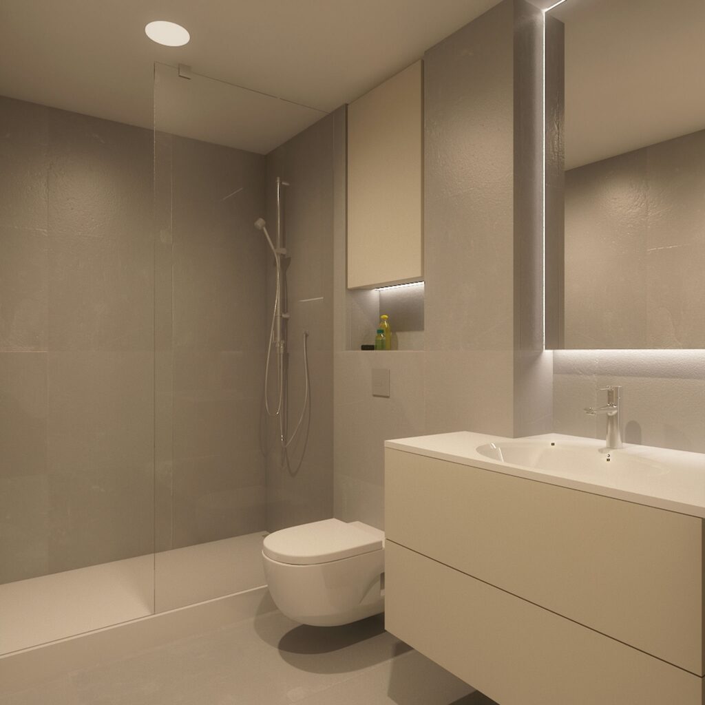 Baño Moderno de Diseño Contemporáneo en Barcelona Baño moderno con ducha de vidrio y lavabo elegante en Barcelona, destacando acabados en tonos grises y materiales de calidad como mármol y cristal.