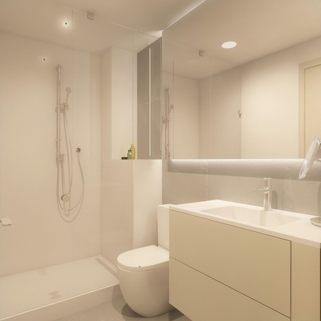 Baño moderno y sofisticado en Barcelona - Diseño de interiores de alta gama Interior de baño contemporáneo en Barcelona con ducha espaciosa, lavabo de diseño minimalista y decoración elegante, ideal para espacios modernos.