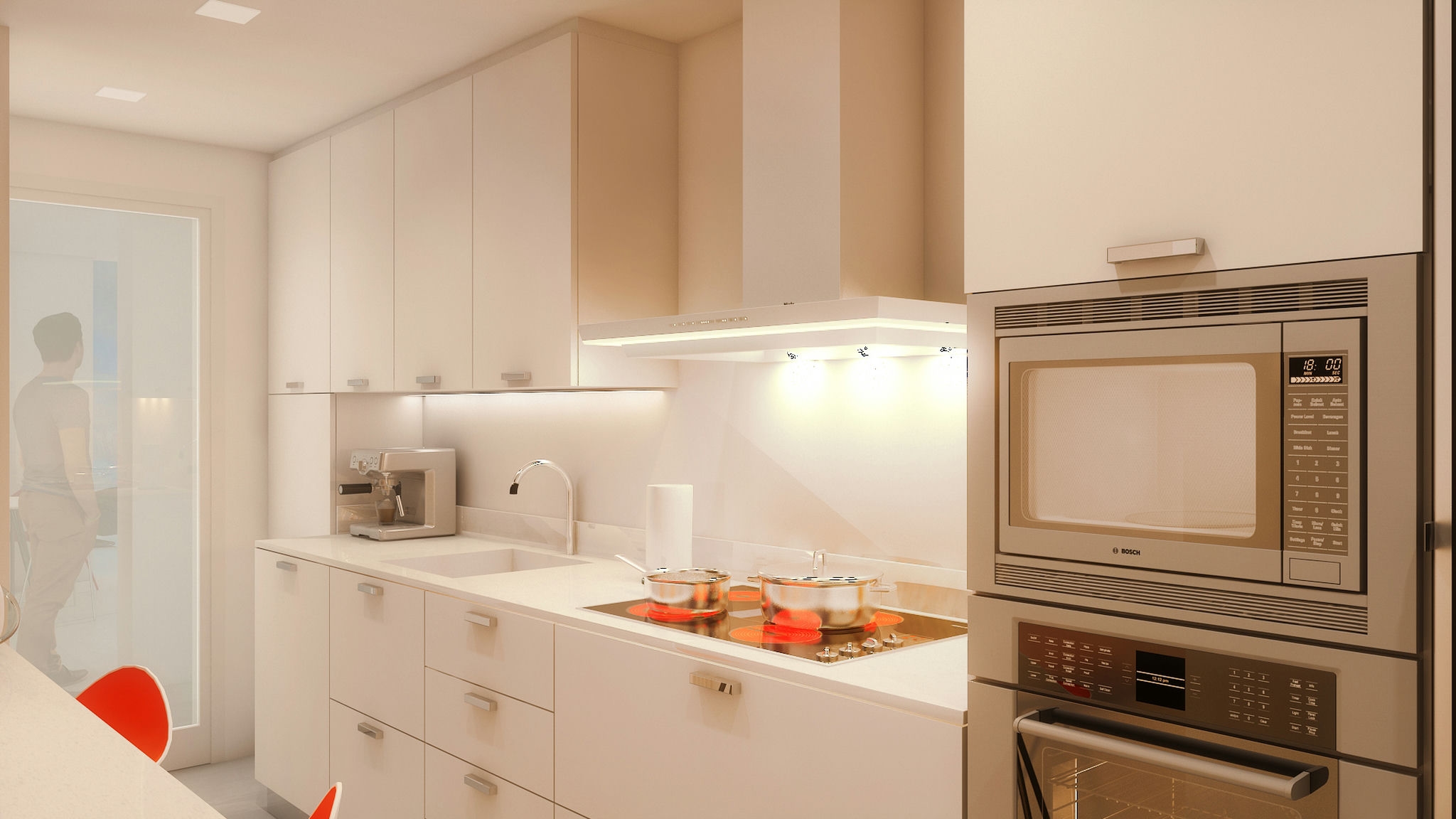 Moderna cocina de diseño interior en Barcelona, armarios blancos, electrodomésticos de acero inoxidable, encimera con placa de cocción, iluminación natural y muebles personalizados en un entorno elegante y contemporáneo.