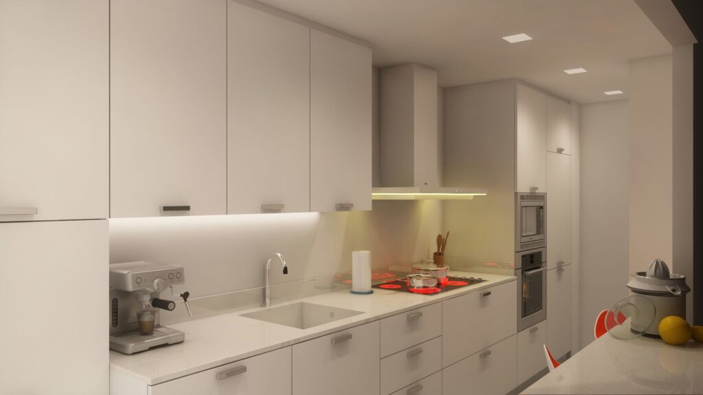 Diseño de Cocina Moderna en Barcelona con Acabados de Mármol y Madera Cocina moderna en Barcelona con maderas de alta calidad y mármol, iluminada por luz natural, destacando un diseño minimalista y detalles arquitectónicos sofisticados.