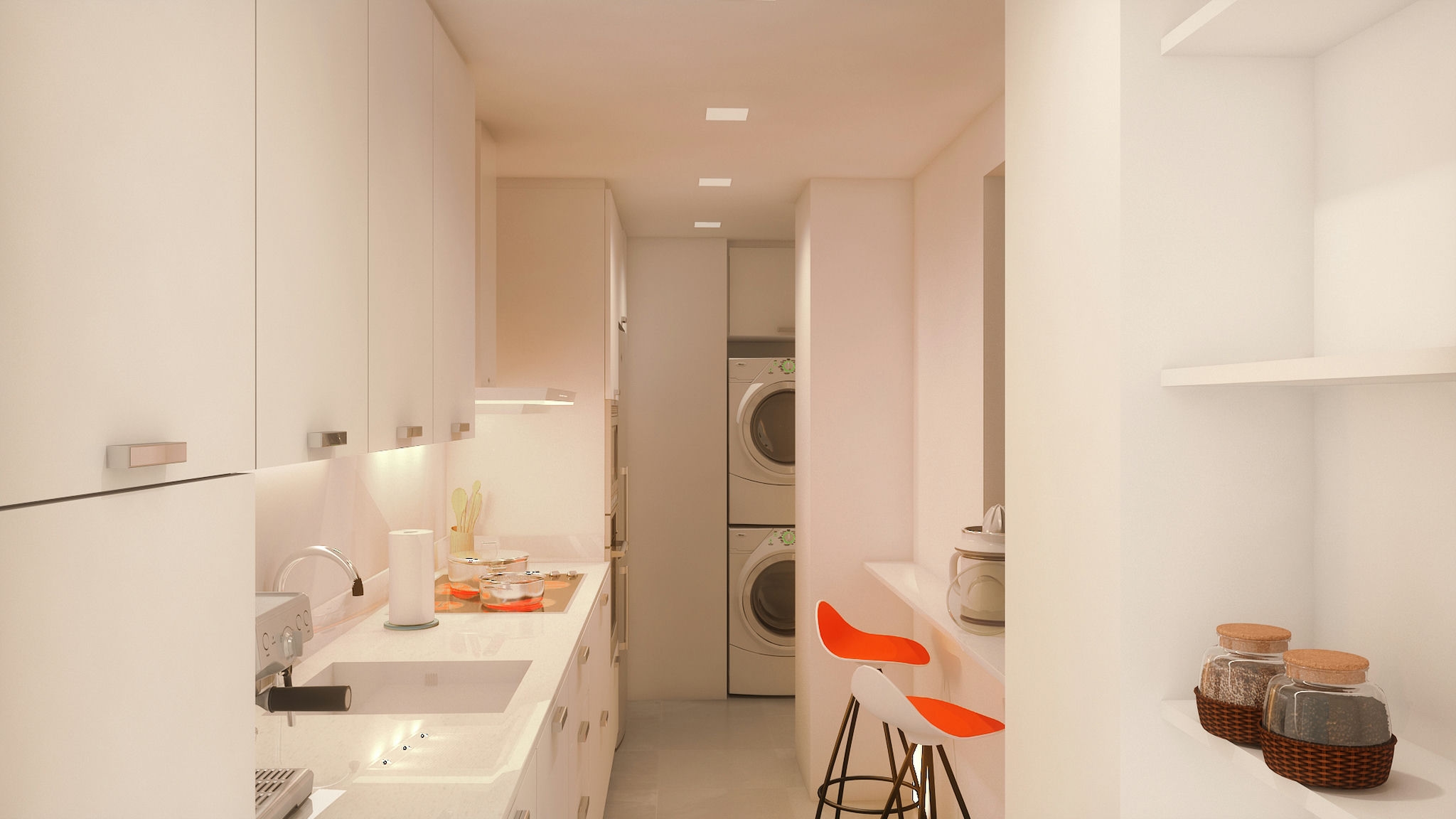 Diseño moderno de cocina en Barcelona, destacando muebles de madera de alta calidad y encimeras de mármol, con iluminación natural y electrodomésticos integrados. Elementos de diseño incluyen sillas naranjas sobre una paleta de colores neutros, ideal para proyectos de arquitectura contemporánea.