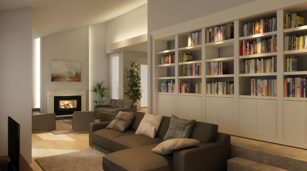 Diseño de interiores moderno en Barcelona: Sala de estar elegante con madera y mármol Sala de estar moderna en Barcelona con muebles contemporáneos en tonos neutros, estantería de libros elegante, sofá cómodo y chimenea. Diseño que destaca la funcionalidad y estética del interior con iluminación natural y materiales de alta calidad como madera y mármol.