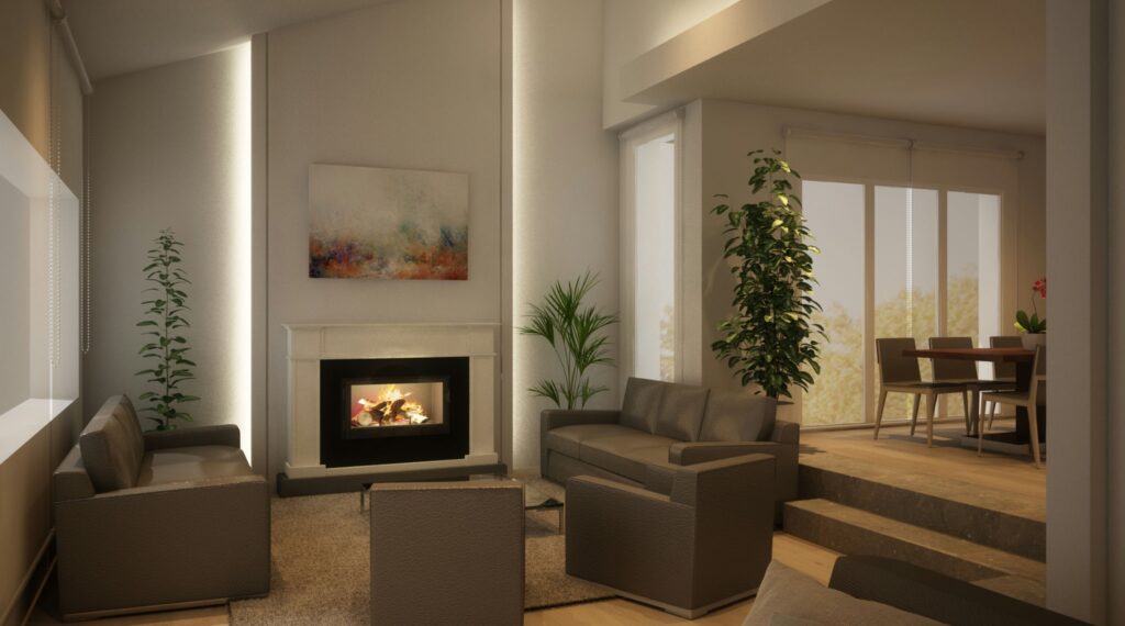 Salón Moderno de Diseño de Interiores en Barcelona - Espacios de Alta Gama Moderno salón en Barcelona con diseño de interiores de alta gama. Destacan un elegante sofá, chimenea moderna, y decoración minimalista con iluminación natural y materiales de alta calidad.