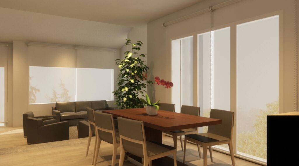 Comedor moderno con diseño elegante en Barcelona Diseño de interiores contemporáneo en Barcelona con un comedor elegante, una gran mesa de madera y sillas personalizadas, rodeado de luz natural y un sofá minimalista, complementado por una planta verde en el centro.