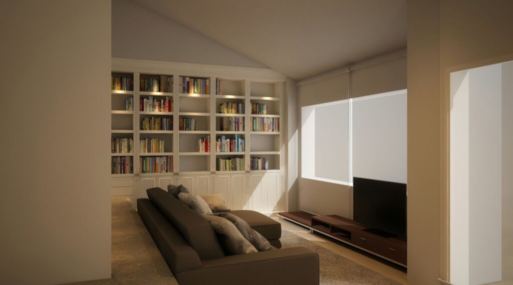 Diseño de interiores moderno en un salón espacioso de Barcelona Salón contemporáneo en Barcelona con sofá oscuro y estantería iluminada, destacando el diseño de interiores de alta gama.