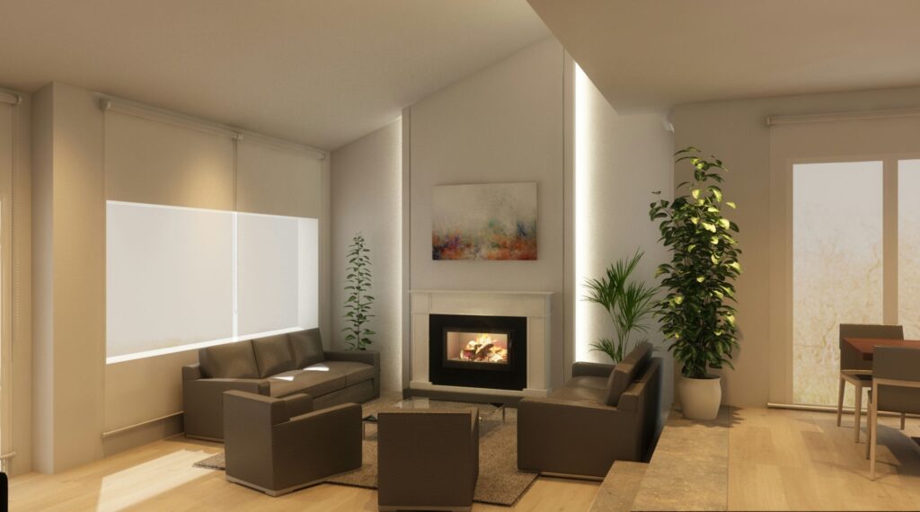 Diseño de interiores moderno en Barcelona: sala de estar elegante y funcional Interior de una sala de estar moderna y de alta gama en Barcelona con sofá gris, chimenea contemporánea, grandes ventanas y plantas verdes.