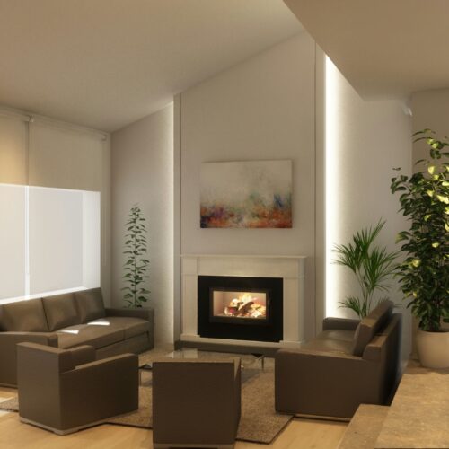 Interior de una sala de estar moderna y de alta gama en Barcelona con sofá gris, chimenea contemporánea, grandes ventanas y plantas verdes.