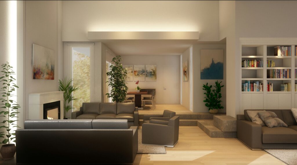 Diseño de interiores moderno en Barcelona: sala de estar elegante y funcional Sala de estar contemporánea en una residencia de alta gama en Barcelona, con sofás de tonos neutros, iluminación natural y plantas decorativas.