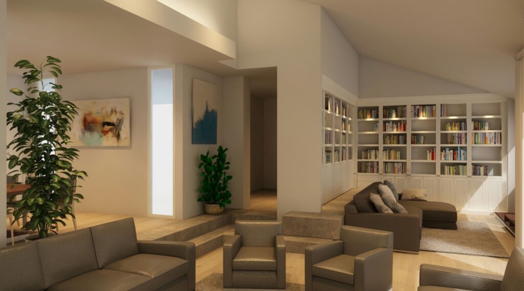 Diseño de interiores moderno en Barcelona - Espacio de vida iluminado y funcional Diseño interior contemporáneo de una amplia sala de estar en Barcelona, con muebles en tonos neutros, suelo de madera natural, y un rincón de lectura acogedor con estantería empotrada. Plantas verdes y grandes ventanales aportan luz natural, resaltando la calidad de los materiales como madera y mármol.