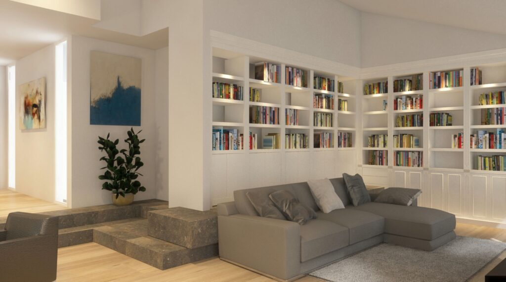 Salón Contemporáneo de Diseño Interior en Barcelona con Sofá de Lino y Elementos de Mármol Moderno salón de diseño interior en Barcelona, destacando un sofá gris de lino, estantería blanca con libros decorativos, y detalles en madera y mármol. Incluye iluminación natural y plantas verdes que frescan el ambiente.