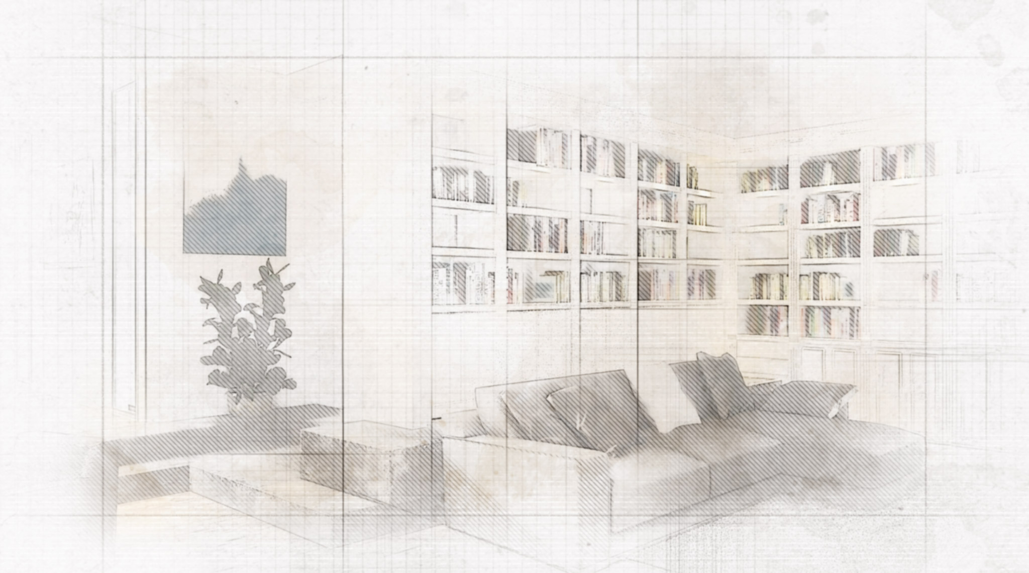 Una sala de estar contemporánea que presenta un sofá seccional cómodo adornado con cojines decorativos, situado frente a una mesa de café estilosa. La habitación se beneficia de la luz natural que entra a raudales por grandes ventanas, dándole un ambiente aireado. Una planta de interior alta aporta un toque de verdor, mientras que una estantería empotrada llena de libros crea una atmósfera acogedora. Una obra de arte enmarcada en la pared realza el diseño moderno.