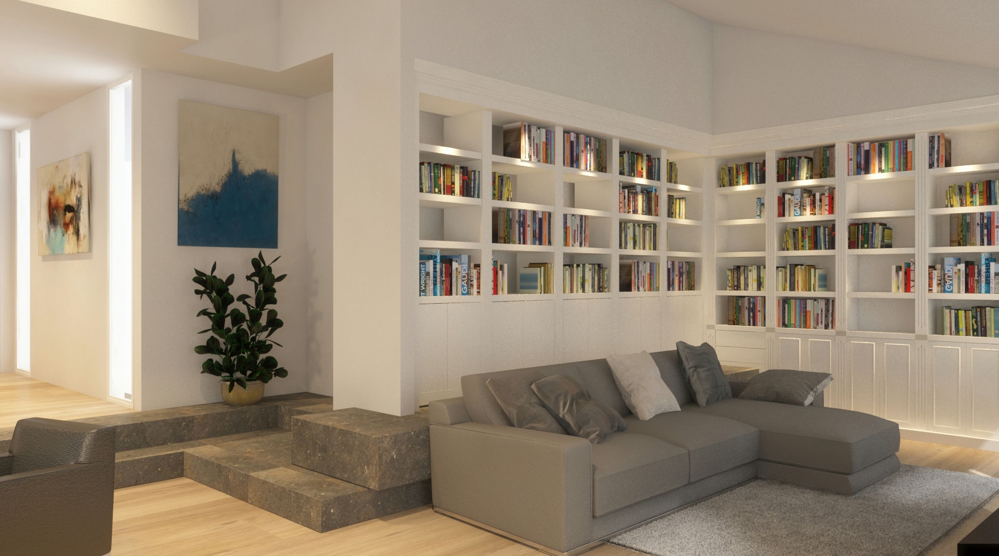 Moderno salón de diseño interior en Barcelona, destacando un sofá gris de lino, estantería blanca con libros decorativos, y detalles en madera y mármol. Incluye iluminación natural y plantas verdes que frescan el ambiente.