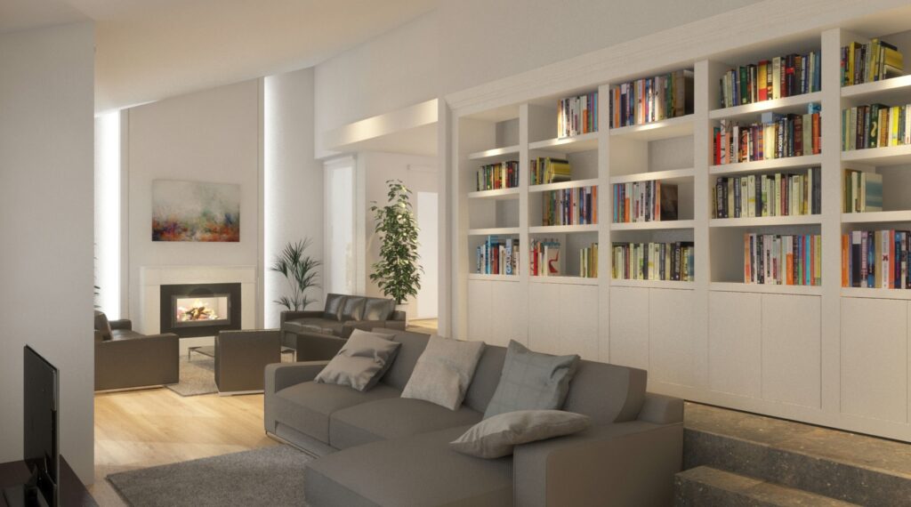 Diseño de interiores moderno en Barcelona - Sala de estar de alta gama Sala de estar moderna en Barcelona con sofá gris elegante, estantería minimalista y chimenea integrada, resaltando materiales de alta calidad y diseño contemporáneo.