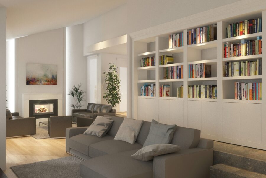 Sala de estar moderna en Barcelona con sofá gris elegante, estantería minimalista y chimenea integrada, resaltando materiales de alta calidad y diseño contemporáneo.