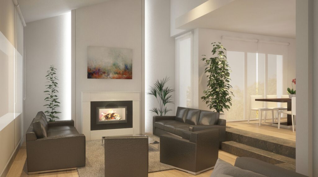 Moderno Salón de Diseño de Interiores en Barcelona con Sofás de Cuero y Chimenea Elegante Salón moderno de diseño de interiores en Barcelona con sofás de cuero oscuro, chimenea elegante y plantas decorativas. Destaca por su iluminación natural, funcionalidad y estética contemporánea. Materiales de alta calidad como madera y mármol en un espacio abierto que conecta con el comedor.
