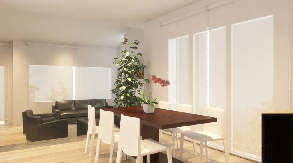 Diseño de interiores moderno en un apartamento de lujo en Barcelona Escena de diseño de interiores moderno que presenta un amplio comedor en un apartamento de alta gama en Barcelona, con una mesa de comedor de madera oscura rodeada de sillas blancas y un sofá negro contemporáneo al fondo. La luz natural entra a través de grandes ventanales, resaltando la arquitectura sofisticada y la vegetación exuberante.