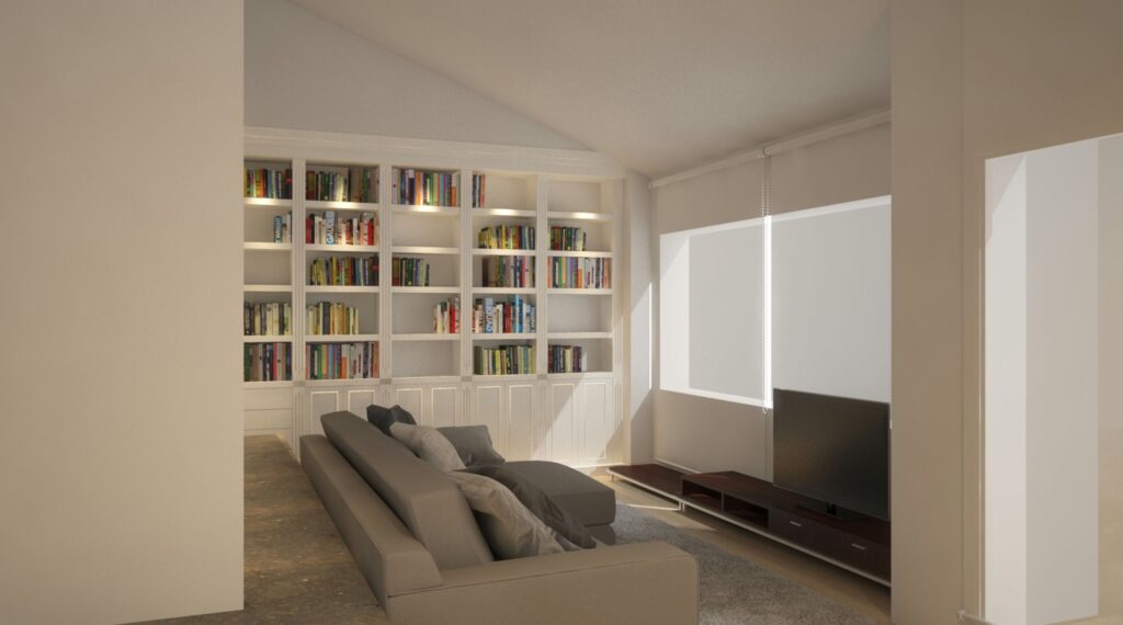 Salón contemporáneo de diseño interior en Barcelona con sofá gris y estanterías blancas Moderno salón de diseño interior en Barcelona con un sofá gris, estanterías blancas llenas de libros y un televisor en un mueble bajo, destacando iluminación natural y materiales de alta calidad.