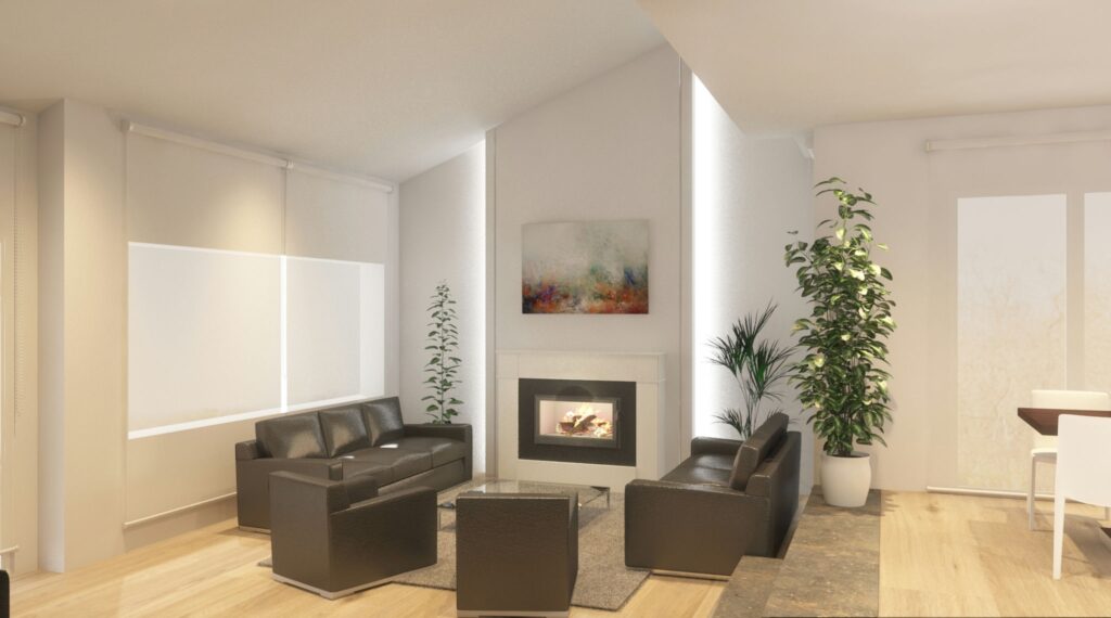 Diseño de interiores moderno en Barcelona: sala de estar luminosa y elegante Sala de estar moderna en Barcelona con sofás negros, mesa de cristal, chimenea y plantas interiores, destacando la iluminación natural y materiales de alta calidad.