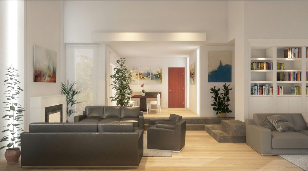 Diseño de interiores moderno en un salón elegante de Barcelona Interior luminoso y espacioso de un salón moderno en Barcelona con sofás de cuero oscuro y una silla clara, iluminado por luz natural y decorado con plantas verdes y arte abstracto.