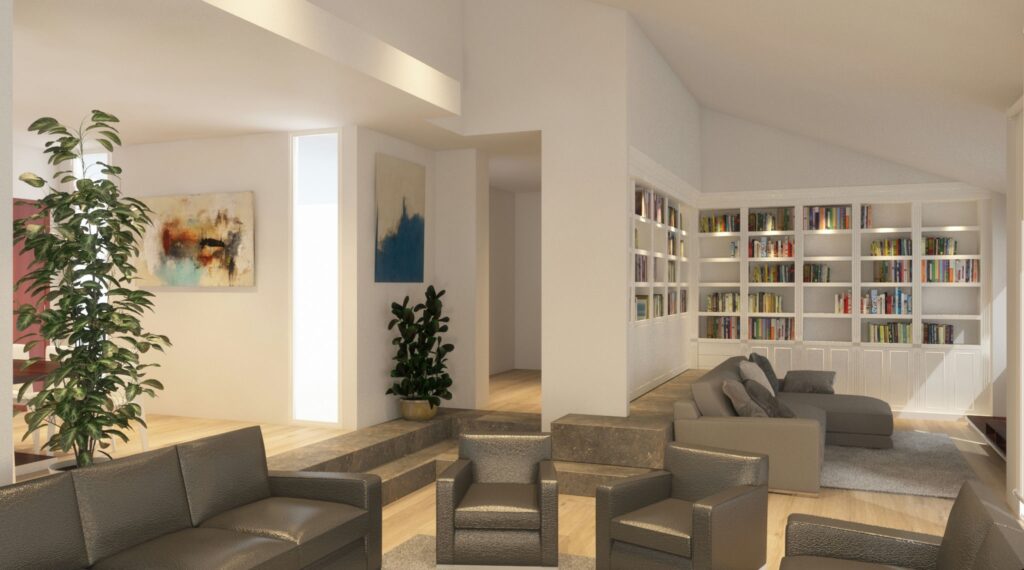 Diseño de interiores moderno en Barcelona: Espacio contemporáneo y funcional Proyecto de arquitectura de alta gama en Barcelona que muestra un espacio moderno y contemporáneo con mobiliario personalizado, iluminación natural y acabados en madera y piedra.