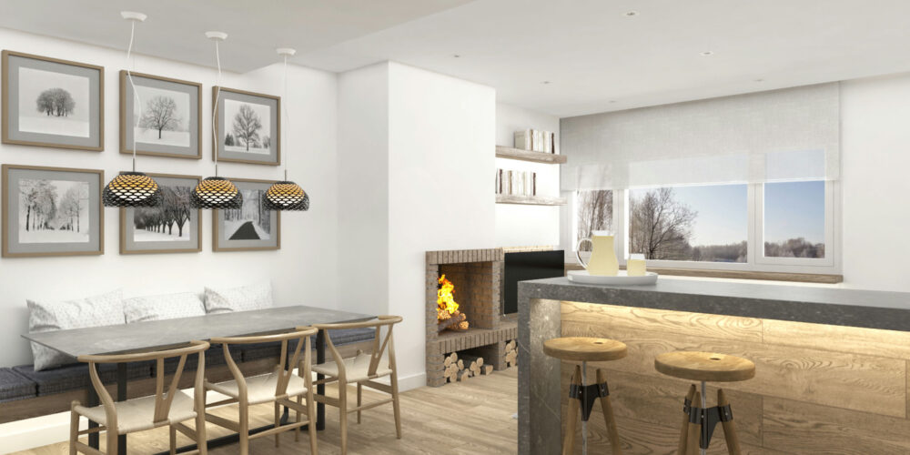 Espacio moderno de diseño interior en Barcelona con elementos arquitectónicos de alta gama, incluyendo una mesa de comedor elegante, sillas de madera y una chimenea integrada, iluminado por grandes ventanales.