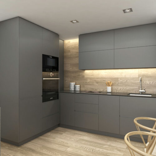Cocina moderna con armarios oscuros, acentos en madera y electrodomésticos elegantes. Diseño que resalta la funcionalidad y la estética en un espacio minimalista y luminoso.