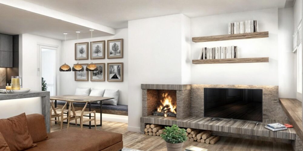 Moderno diseño de interiores de una sala de estar espaciosa en un apartamento de alta gama en Barcelona, con un sofá seccional marrón, mesa de café redonda y chimenea contemporánea con elegante piedra. Iluminada por luz natural y lámparas colgantes sobre un área de comedor con mesa de madera y sillas minimalistas. Estanterías con libros y elementos decorativos, destacando materiales de alta calidad como madera y mármol.