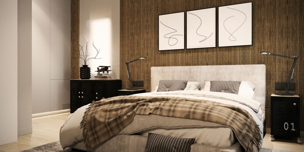 Dormitorio lujoso en Barcelona que muestra estilos modernos y contemporáneos con cama plush, ropa de cama texturizada, arte abstracto y luz natural.