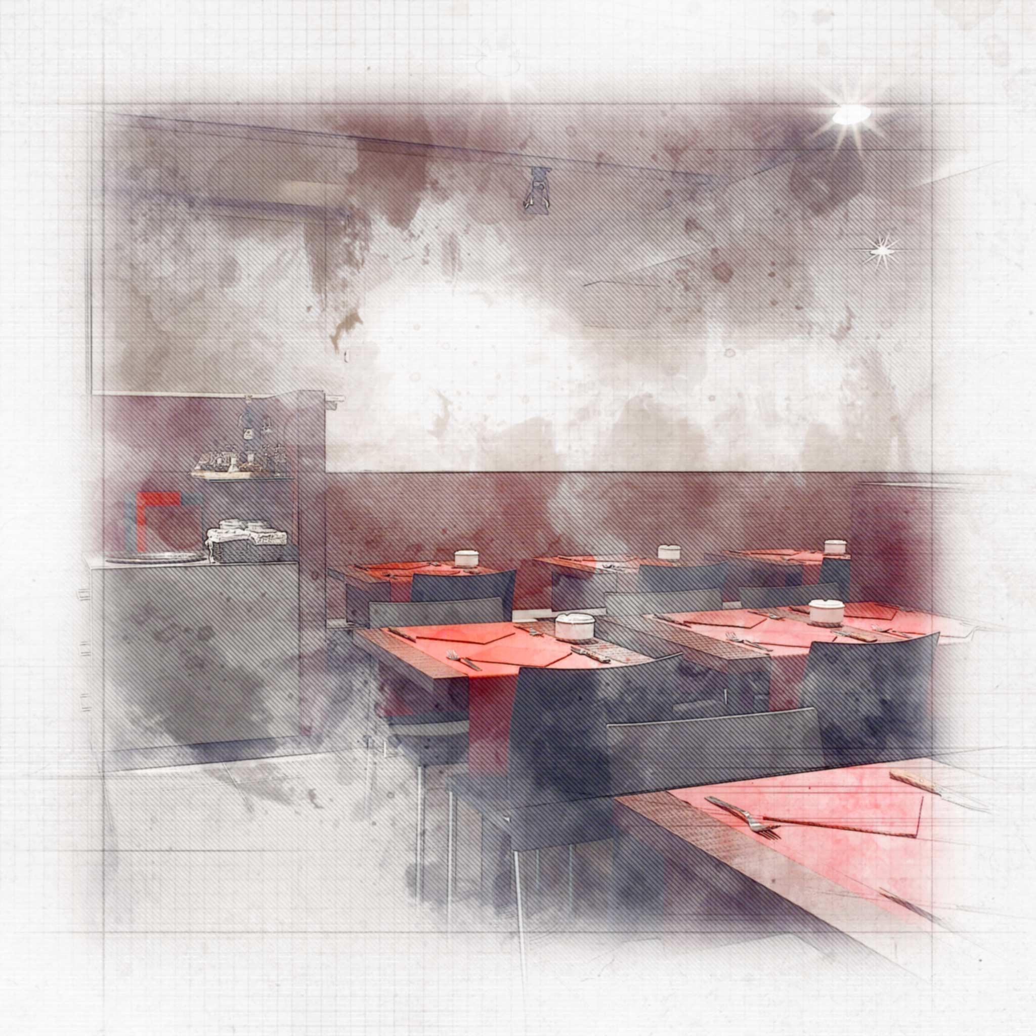 Interior de un restaurante moderno con mesas de madera y manteles rojos.